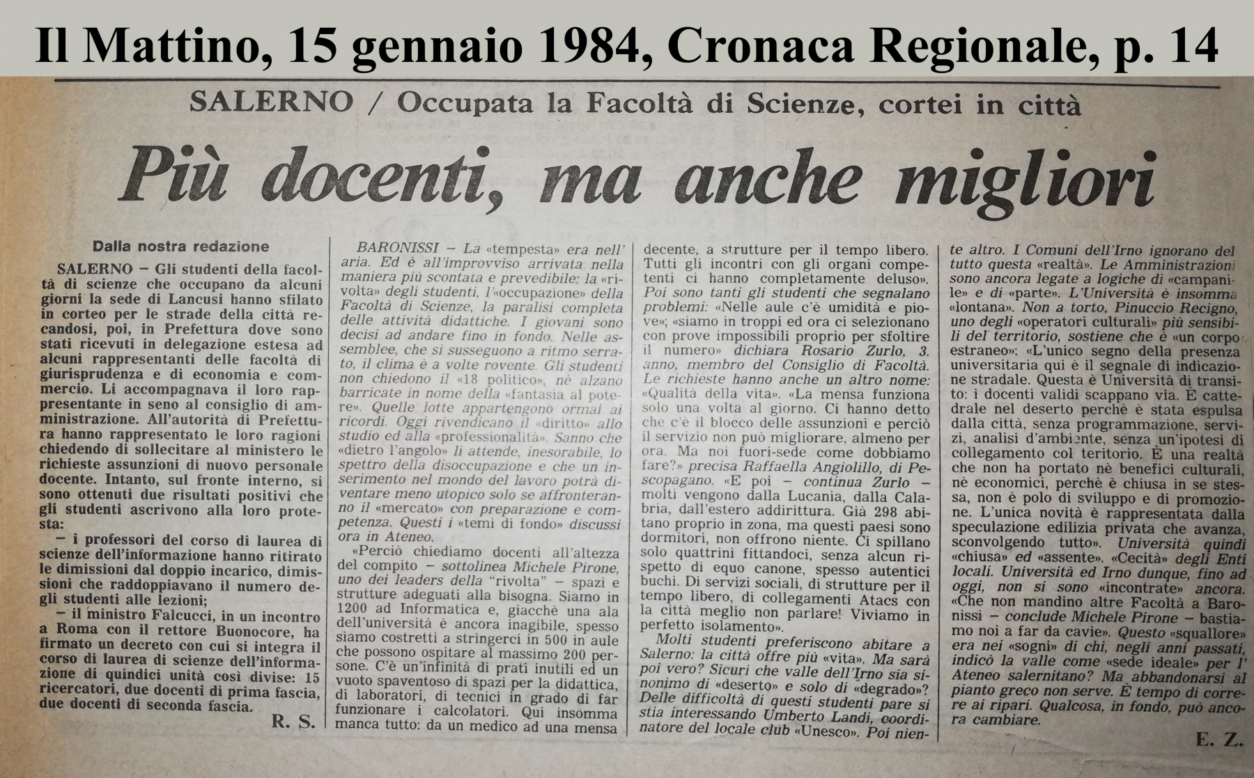 Il Mattino, 15 gennaio 1984, Cronaca Regionale, p. 14