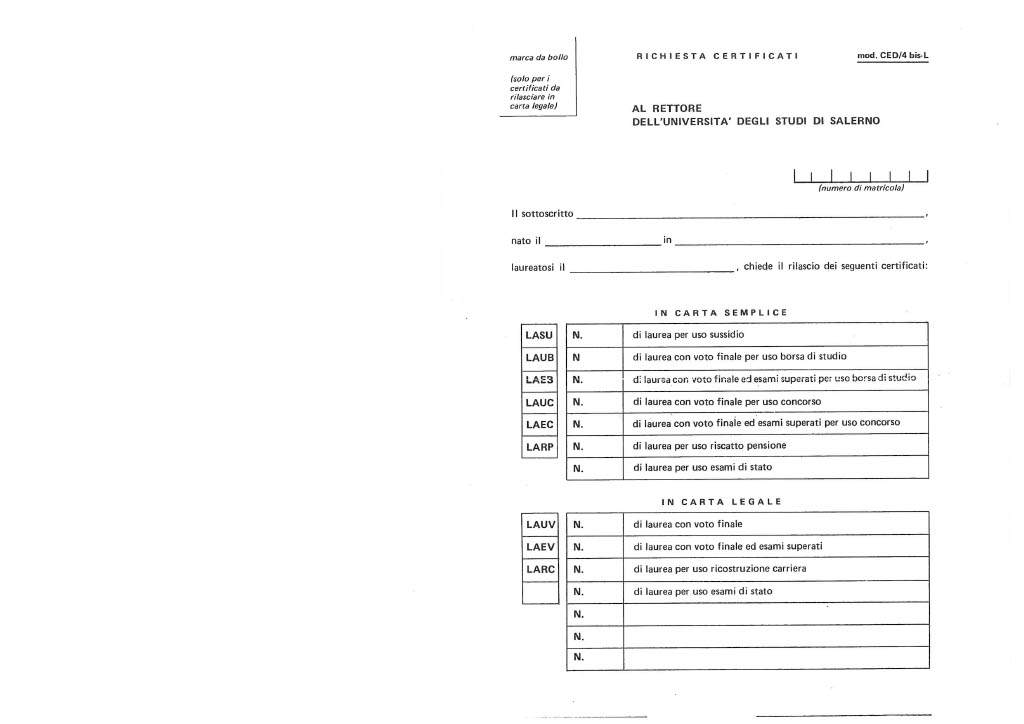 Modulo di richiesta certificati (Mod-CED-4-bis-L1024_1) (1985)  (Giuseppe Ferretti)